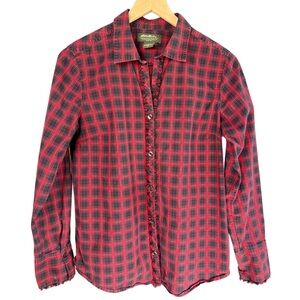 Eddie Bauer Fringed Checkered Plaid Button-down | Red & Black | M